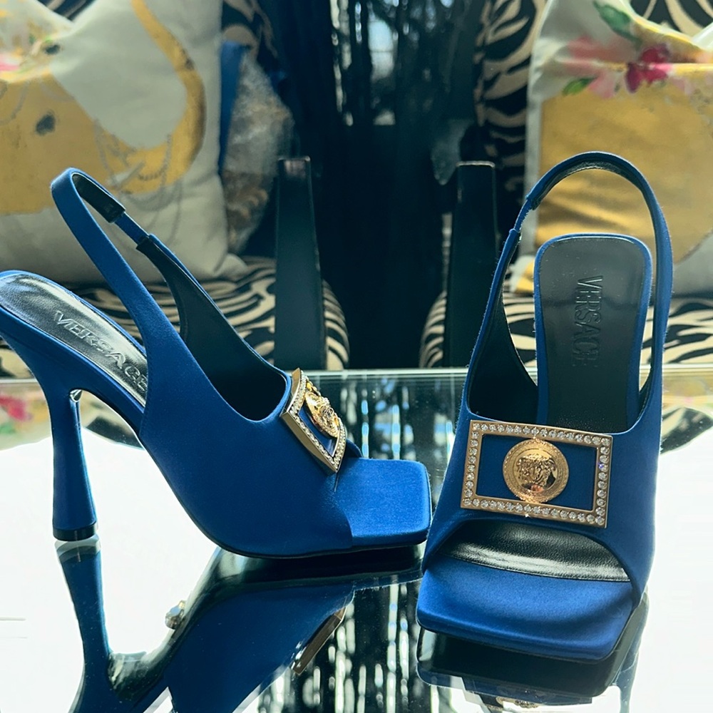 Versace Silk Colbalt Blue Medusa Biggie Heel Sandals Size 37
